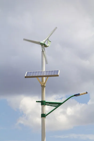 Street lamp post with solar panel and wind turbine in China. — Stock Photo, Image