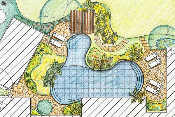 План ландшафтного дизайна заднего двора виллы — стоковое фото