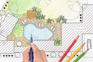 Landscape architect design backyard plan for villa clipart