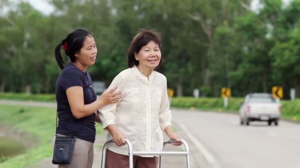 Senior woman using a walker cross street — Stock Video