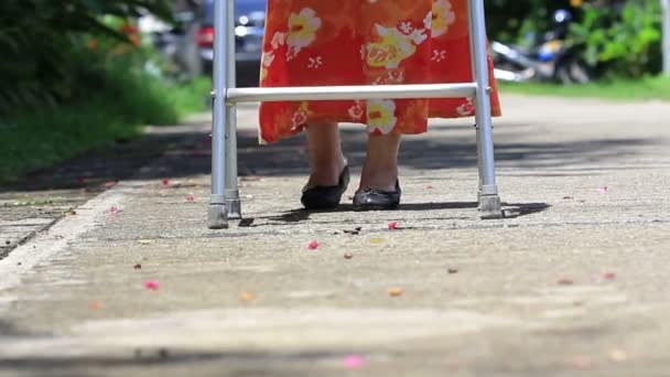 Femme âgée utilisant un marcheur cross street — Video