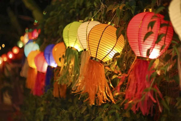 Asian lanterns on vine fence — Stock Photo, Image