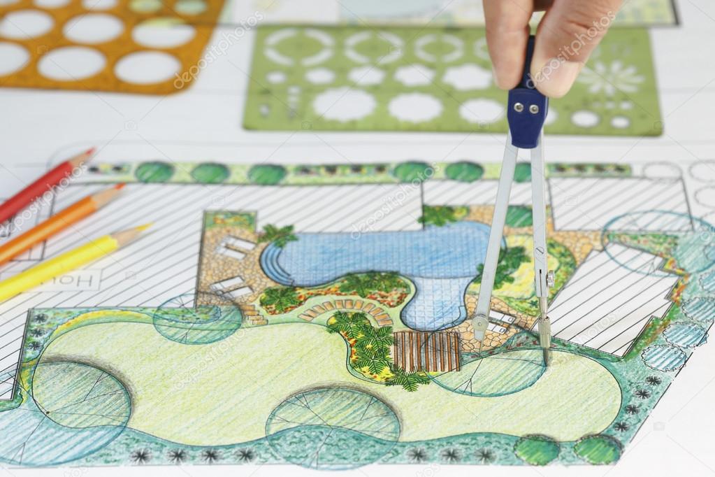 Diseño arquitectónico paisajístico plan de patio trasero para la villa