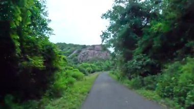 Dağ yolunda bisiklet sürmek. Önümüzde sabah yeşil bir orman ve dağ manzarası var..