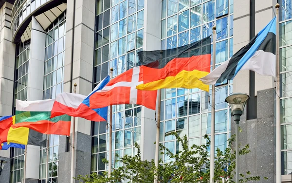 Drapeaux devant le bâtiment du Parlement européen à Bruxelles, Belgique — Photo