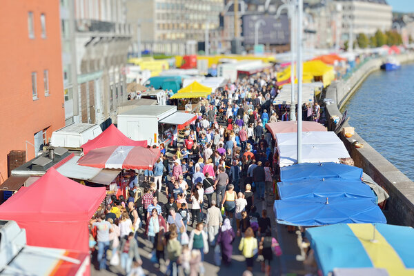 Tilt-shift image of Sunday market in Liege