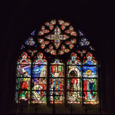 Cathedral window in basilica Saint-Materne with image of Saint Barbara