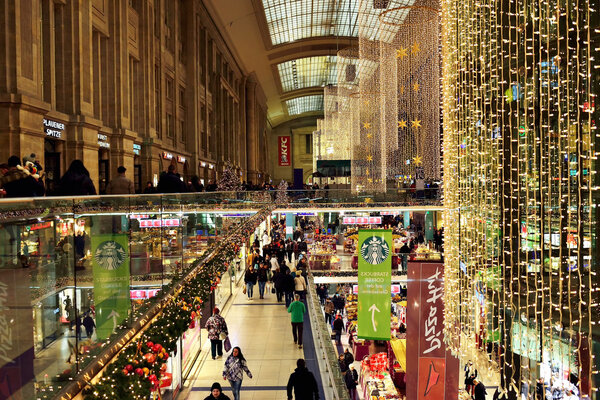 Interior of a main hall of central railway station of Leipzig decorated for Christmas