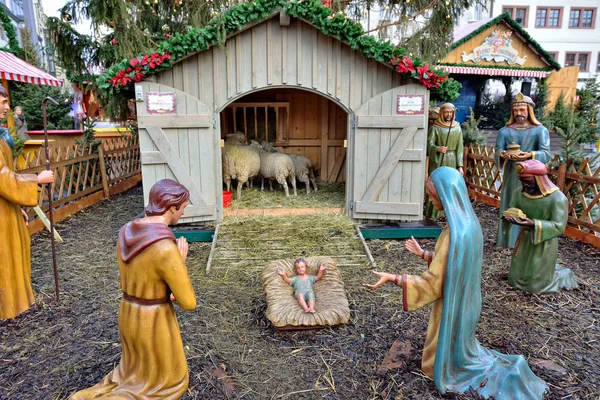 Nativity scene installed on Christmas Market in Leipzig — Stock Photo, Image