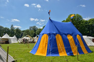 Reconstruction of medieval camping of knights during Fete Medievale in parc of Deurne, Belgium