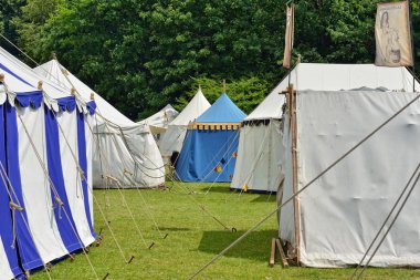 Reconstruction of medieval camping of knights during Fete Medievale in parc of Deurne