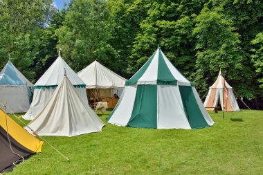Reconstruction of medieval camping of knights during Fete Medievale in parc of Deurne