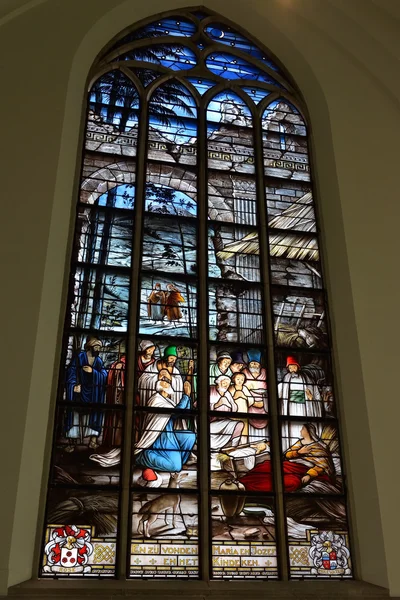 Stained glass windows in Grote Kerk Den Haag or Grote of Sint-Jacobskerk built during15-16 centuries. — Stok fotoğraf