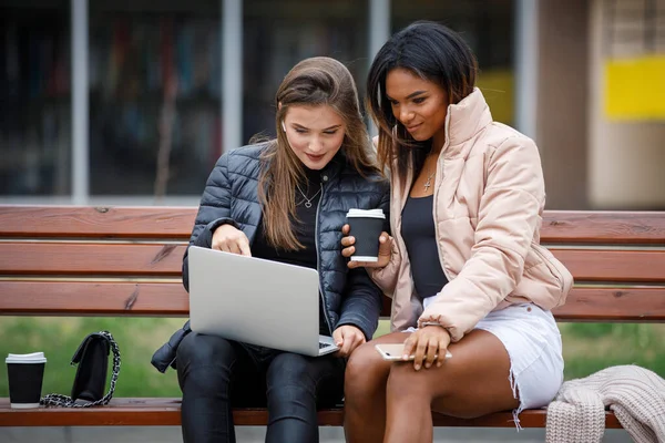 Two students girls sitting with laptop on bench — Stock Photo, Image