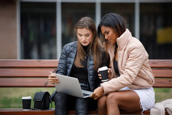 Two students girls sitting with laptop on bench — Stock Photo, Image