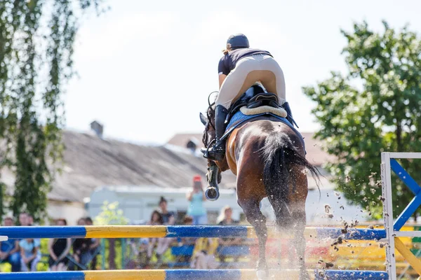 Jovem cavalo cavaleiro menina saltando no show jumping — Fotografia de Stock