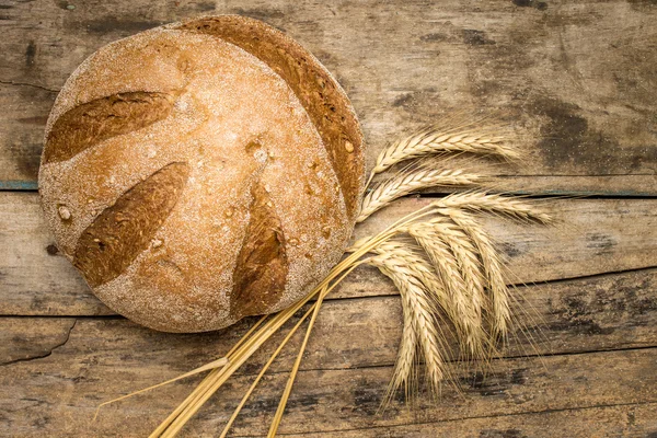Loaf of wheat bread with ears of wheat — Stock Photo, Image