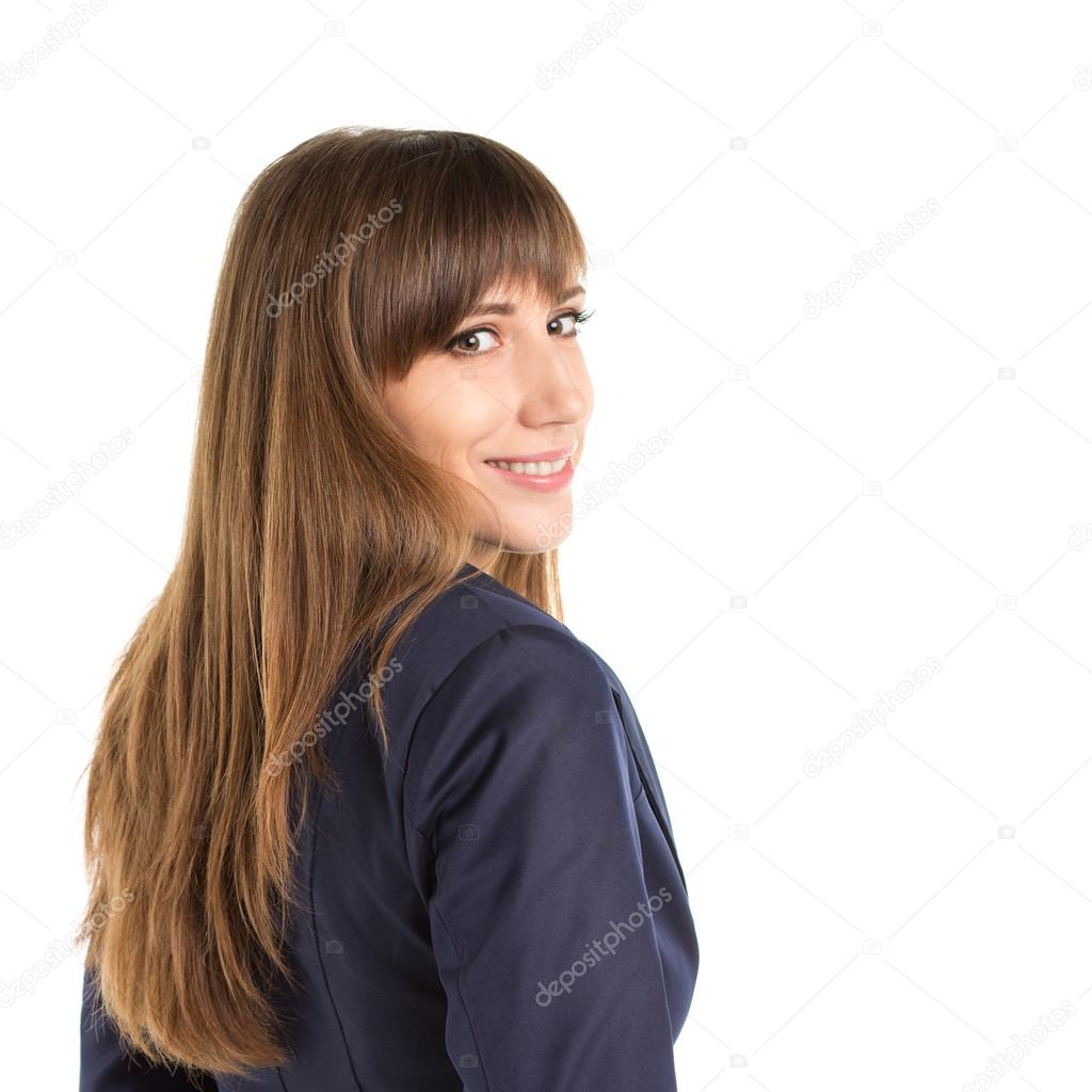 Young happy business woman glancing over shoulder Stock Photo by ©serk 58853199