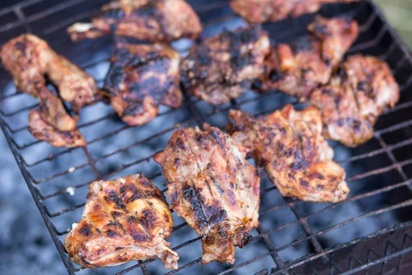 Bitar av kött på grillen eld — Stockfoto