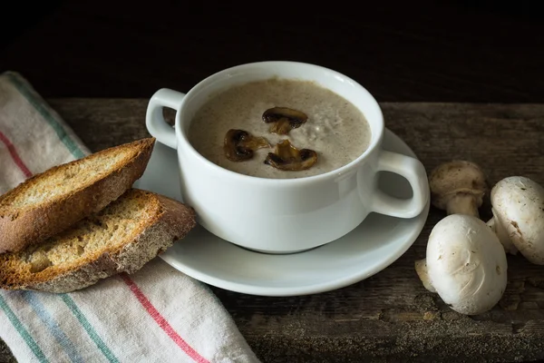 Ciotola di purea di zuppa di funghi con pochi funghi — Foto Stock