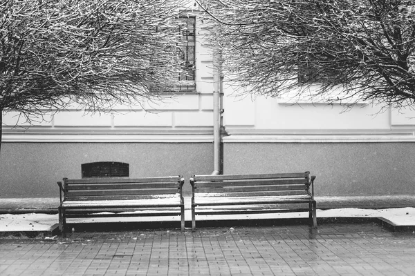 Pair of old benches on the city street in winter — Stock Photo, Image