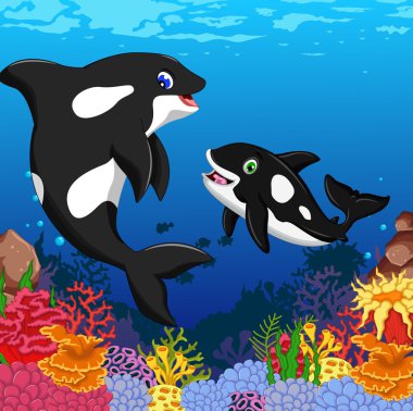 katil balinalar karikatür ile sualtı görüş ve mercan arka plan