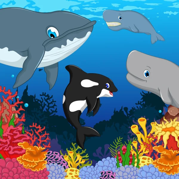 Walvissen cartoon met onderwater uitzicht en koraal achtergrond — Stockvector