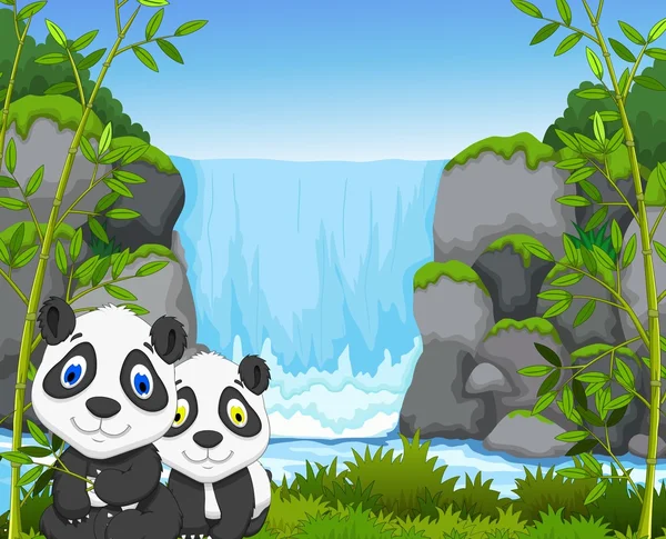 Lindo dos panda con fondo de paisaje de cascada — Vector de stock