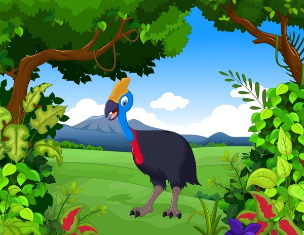 Schattig peacock cartoon met landschap-achtergrond — Stockvector