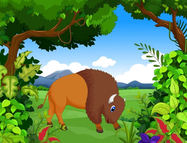 Bison cartoon with landscape background — Stock Vector