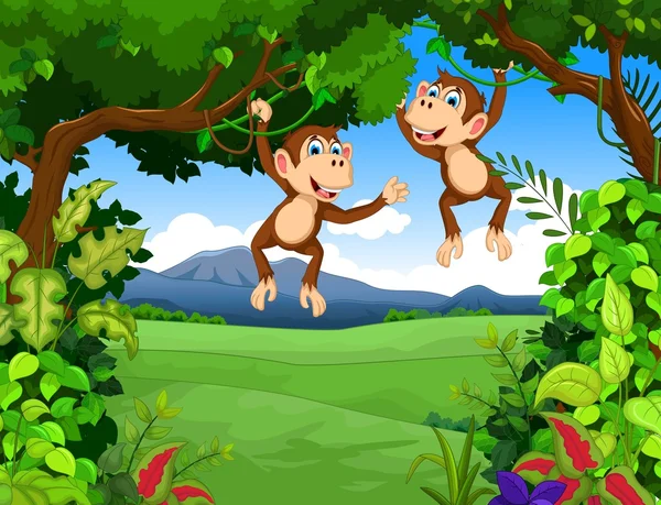 Desenho animado macaco com paisagem de fundo — Vetor de Stock