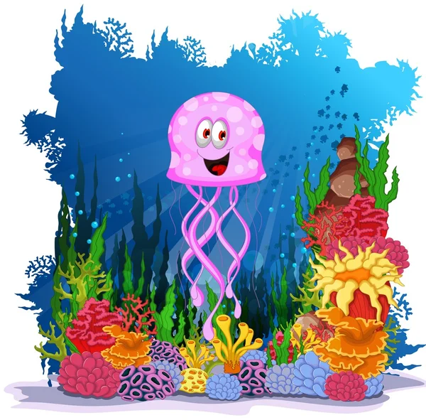 Cute jellyfish cartoon with sea life background — Stock Vector