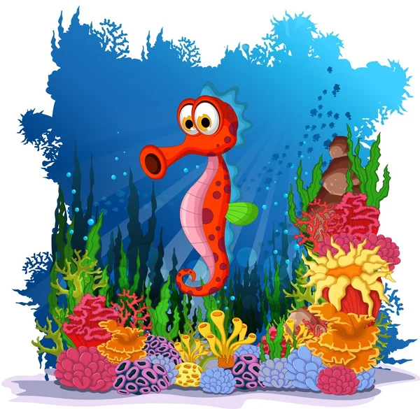 Hippocampe drôle avec fond de vie marine — Image vectorielle