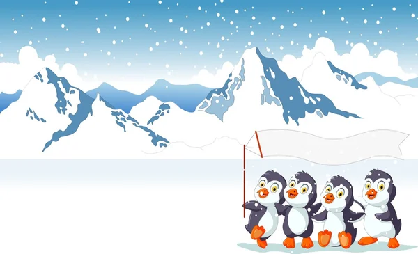 Drôle trois pingouins dessin animé prendre un drapeau paysage arrière-plan — Image vectorielle