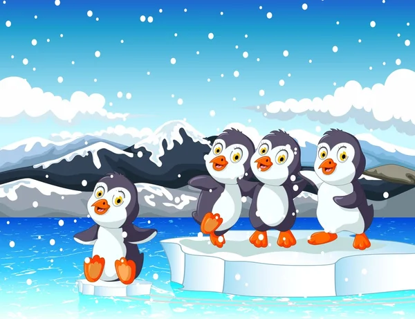 Engraçado quatro pinguins desenhos animados com fundo paisagem de neve — Vetor de Stock