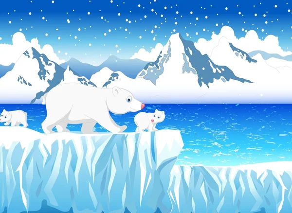 Funny polar bear with snow mountain landscape background — Stock Vector
