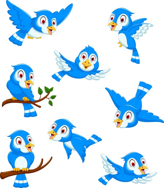 Blauwe vogel cartoon poseren collectie — Stockvector