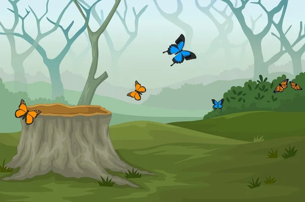 Divertida mariposa de dibujos animados con fondo de paisaje de bosque profundo — Archivo Imágenes Vectoriales