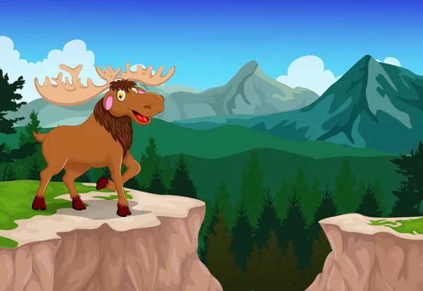 Legrační moose kreslený s horské skále krajinné pozadí — Stockový vektor