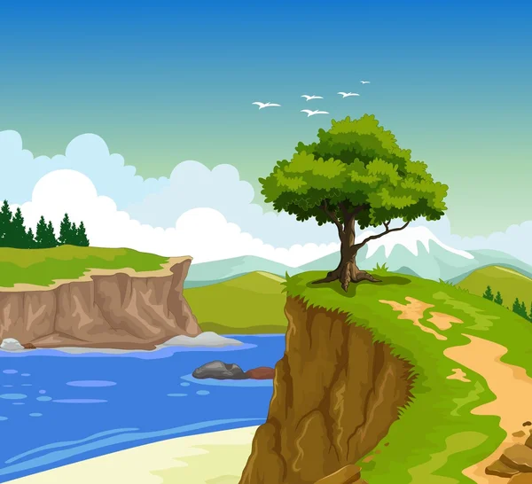 Belleza montaña acantilado con lago paisaje fondo — Vector de stock