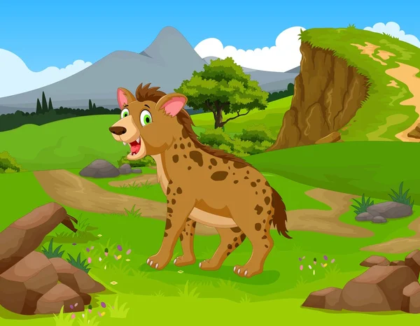Grappige hyena cartoon in de jungle met landschap-achtergrond — Stockvector