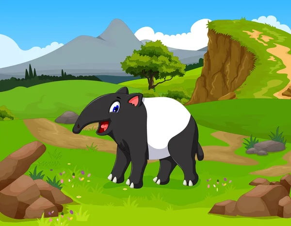 Divertido tapir de dibujos animados en la selva con fondo de paisaje — Vector de stock