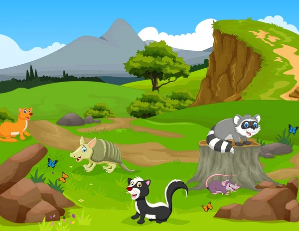 Divertido animal de dibujos animados en la selva con fondo de paisaje — Archivo Imágenes Vectoriales