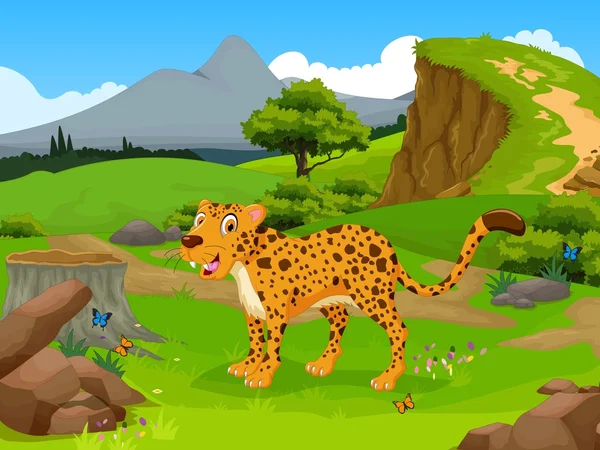 Divertida caricatura de guepardo en la selva con fondo de paisaje — Vector de stock