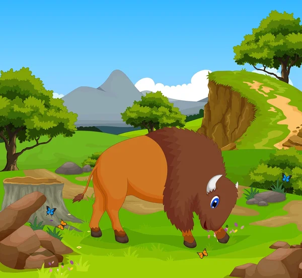 Engraçado bison desenhos animados na selva com paisagem de fundo —  Vetores de Stock