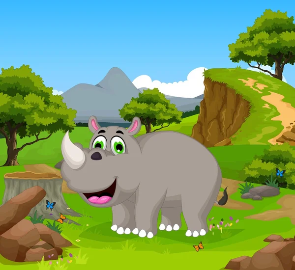 Αστεία Ρινόκερος κινουμένων σχεδίων στη ζούγκλα με τοπίο φόντου — Διανυσματικό Αρχείο