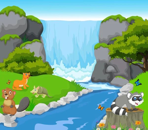 Animales divertidos con fondo de paisaje de cascada — Vector de stock