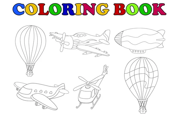 Libro para colorear de dibujos animados conjunto de transporte aéreo — Vector de stock