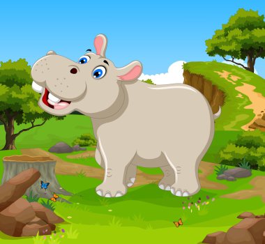 komik su aygırı karikatür manzara arka plan ile ormanda