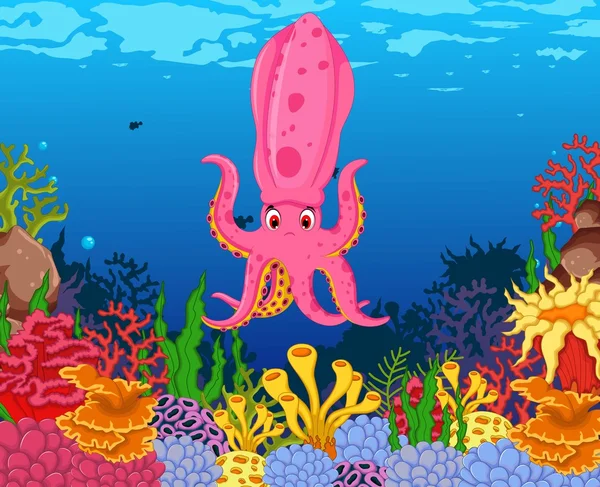 Drôle calamar calamar dessin animé avec beauté mer vie arrière-plan — Image vectorielle